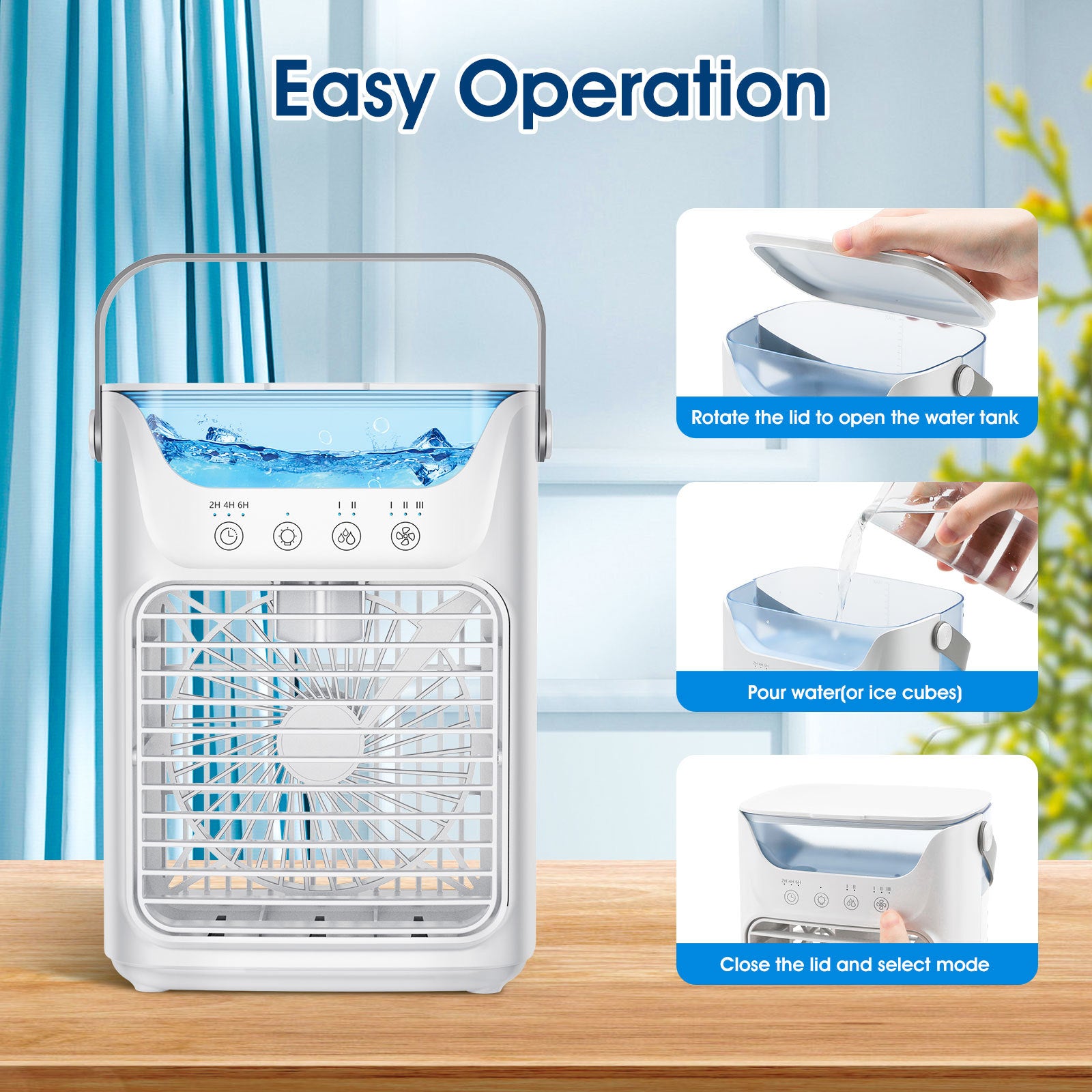 Mobilna klimatyzacja, mini klimatyzator 700 ml, przenośna klimatyzacja 4 w 1 z USB, z timerem 2/4/6 godzin, 3 prędkości i 2 tryby mgły, 7 kolorów, mini chłodnica powietrza do domu, biura