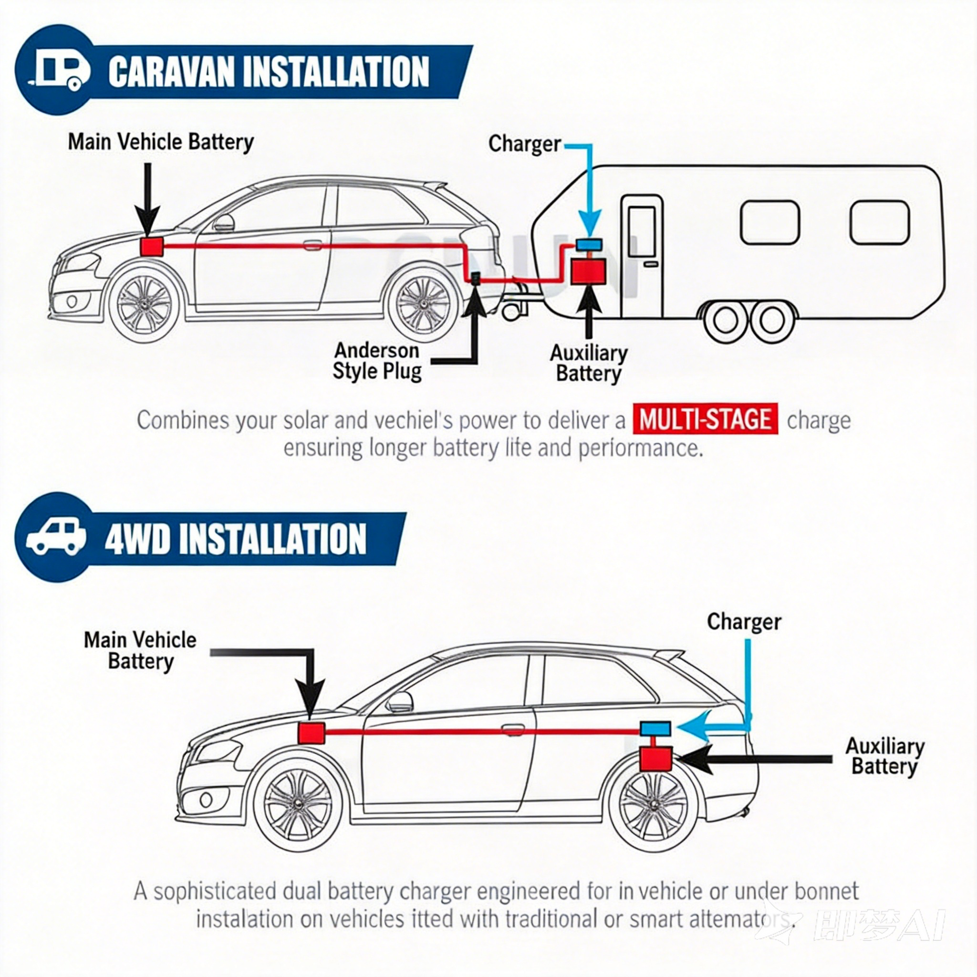 NOEIFEVO Wasserdichtes DC 10-36V bis 14.6V 29.2V 43.8V LiFePO4 Lithium-Batterieladegerät für Wohnmobile, Boote, Autos und Dual-Batterie-Energiespeichersysteme